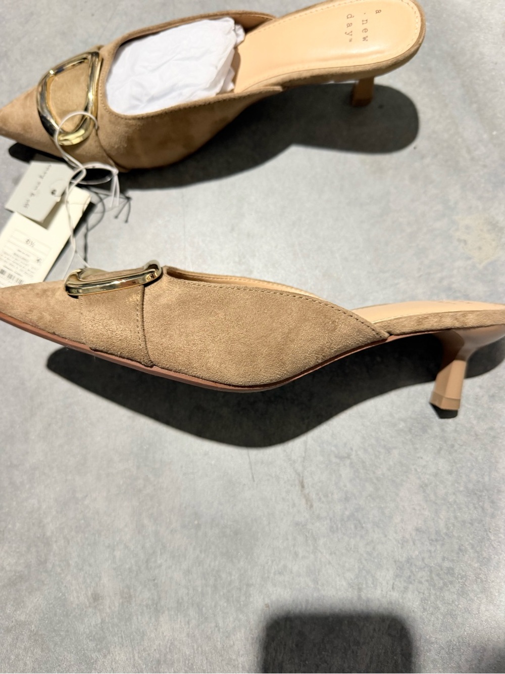 a new day™ Women's Taupe Suede Pointed Mule with Gold Buckle and kitten heel - Picture 2 of 6